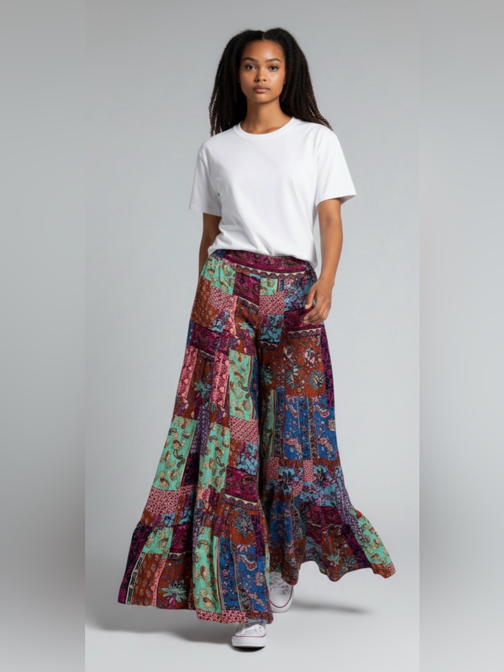 Easel Patchwork maroon and green flouncy boho pants size small NWT